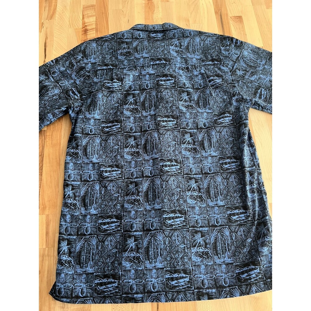 Vintage Men's Hawaiian Shirt 100% Cotton Aloha Tiki Block Print Style Blue Blk S - Picture 3 of 7